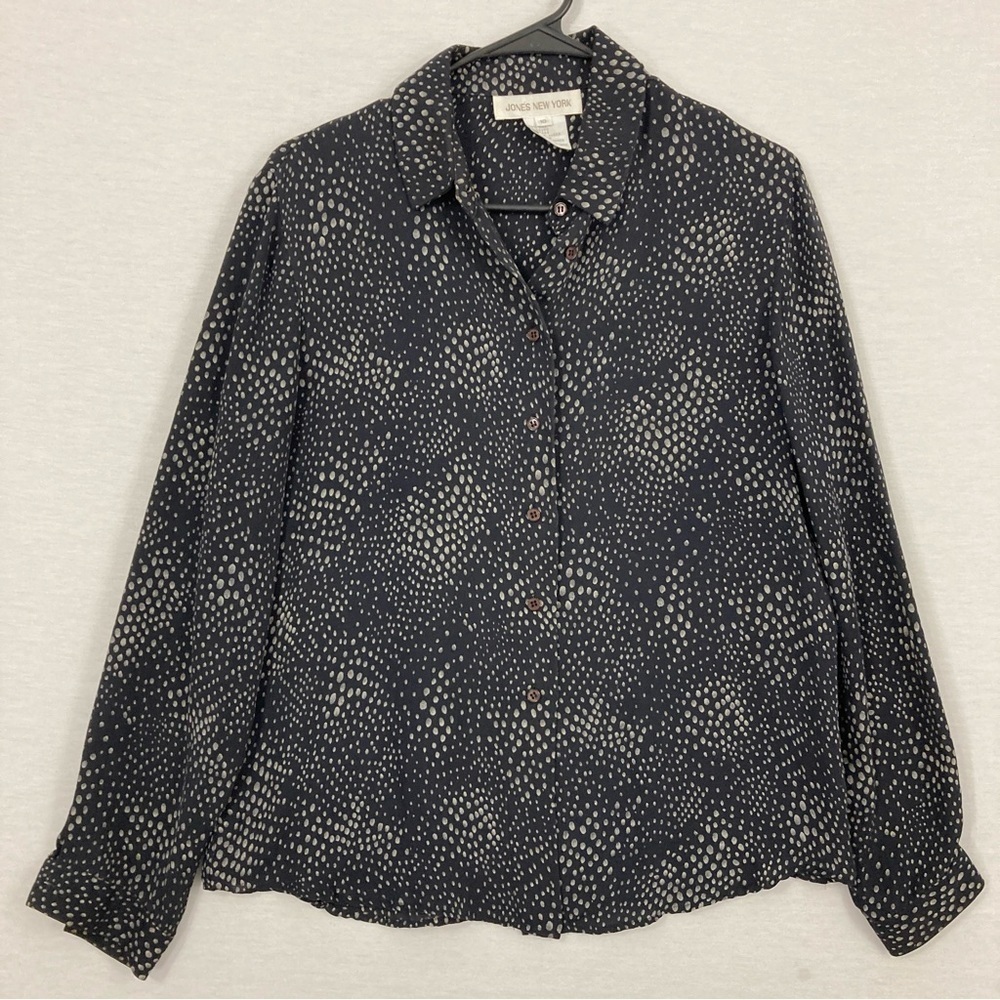 Vintage Jones New York Black Polka Dot 100% Silk Button Down size‎ 10
